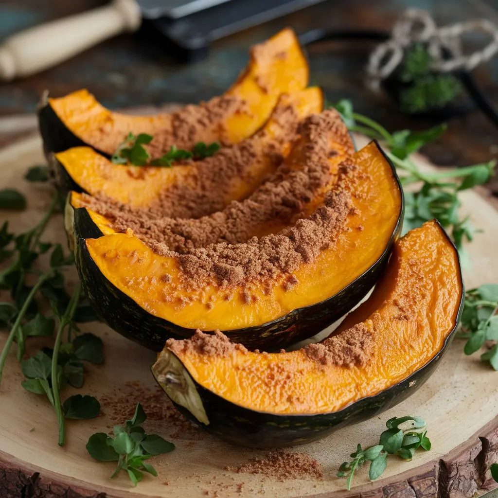 A delicious vegan Kabocha Squash recipe featuring roasted Kabocha squash wedges, topped with brown sugar and cinnamon. The deep orange squash is served on a rustic wooden board, garnished with fresh herbs, surrounded by kitchen tools in a rustic setting.