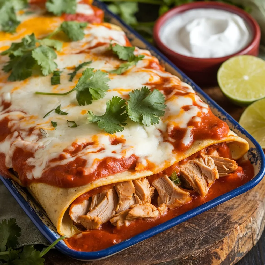 A delicious Boulders Enchilada recipe with tender chicken, red enchilada sauce, melted cheese, and fresh cilantro, served with sour cream and lime.