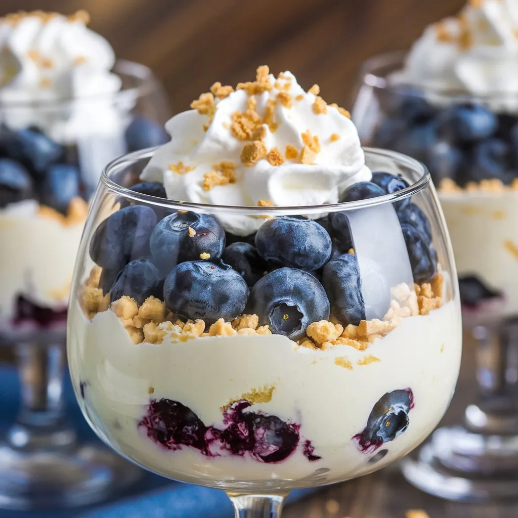  Dessert with cream cheese and white chocolate instant pudding mix, topped with fresh blueberries, whipped cream, and crushed graham crackers, served in a glass on a wooden surface.