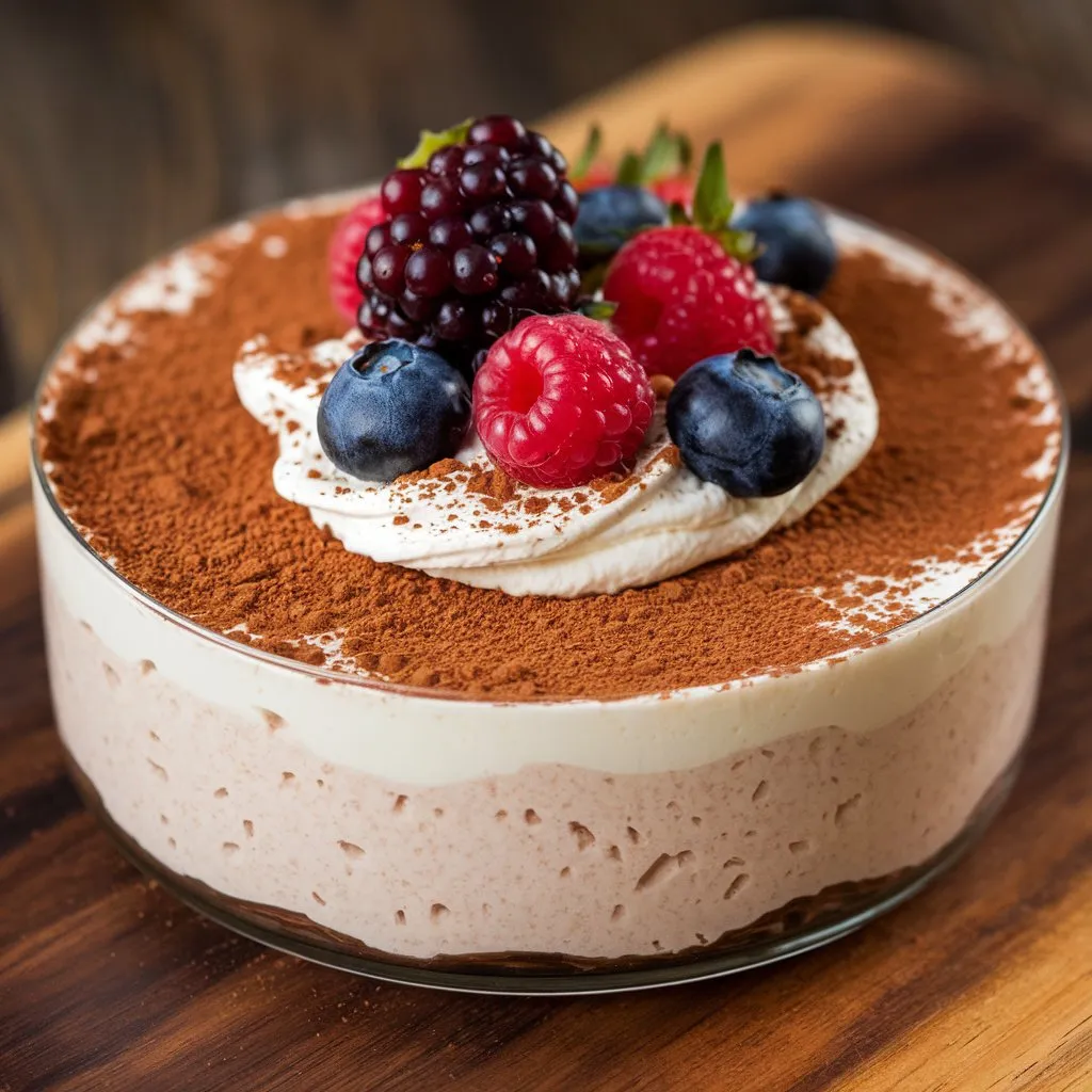 Creamy white chocolate instant pudding base topped with cream cheese, fresh berries, and cocoa powder.