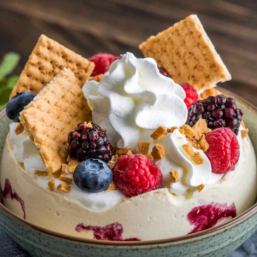 White chocolate cream cheese pudding dessert with fresh berries, whipped cream, and crushed graham crackers, served in a bowl on a wooden surface.