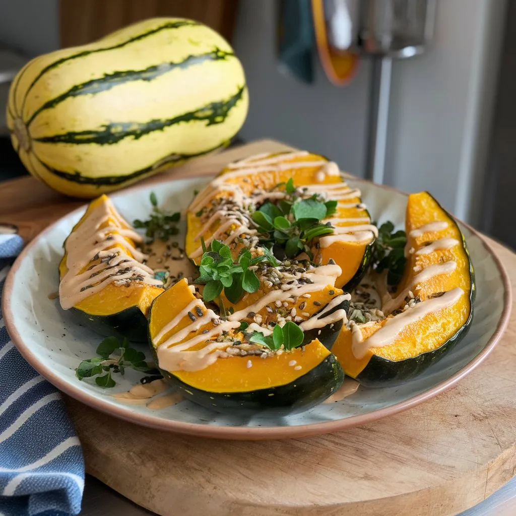 A delicious vegan Kabocha Squash recipe featuring roasted Kabocha squash wedges, topped with brown sugar and cinnamon. The deep orange squash is served on a rustic wooden board, garnished with fresh herbs, surrounded by kitchen tools in a rustic setting.