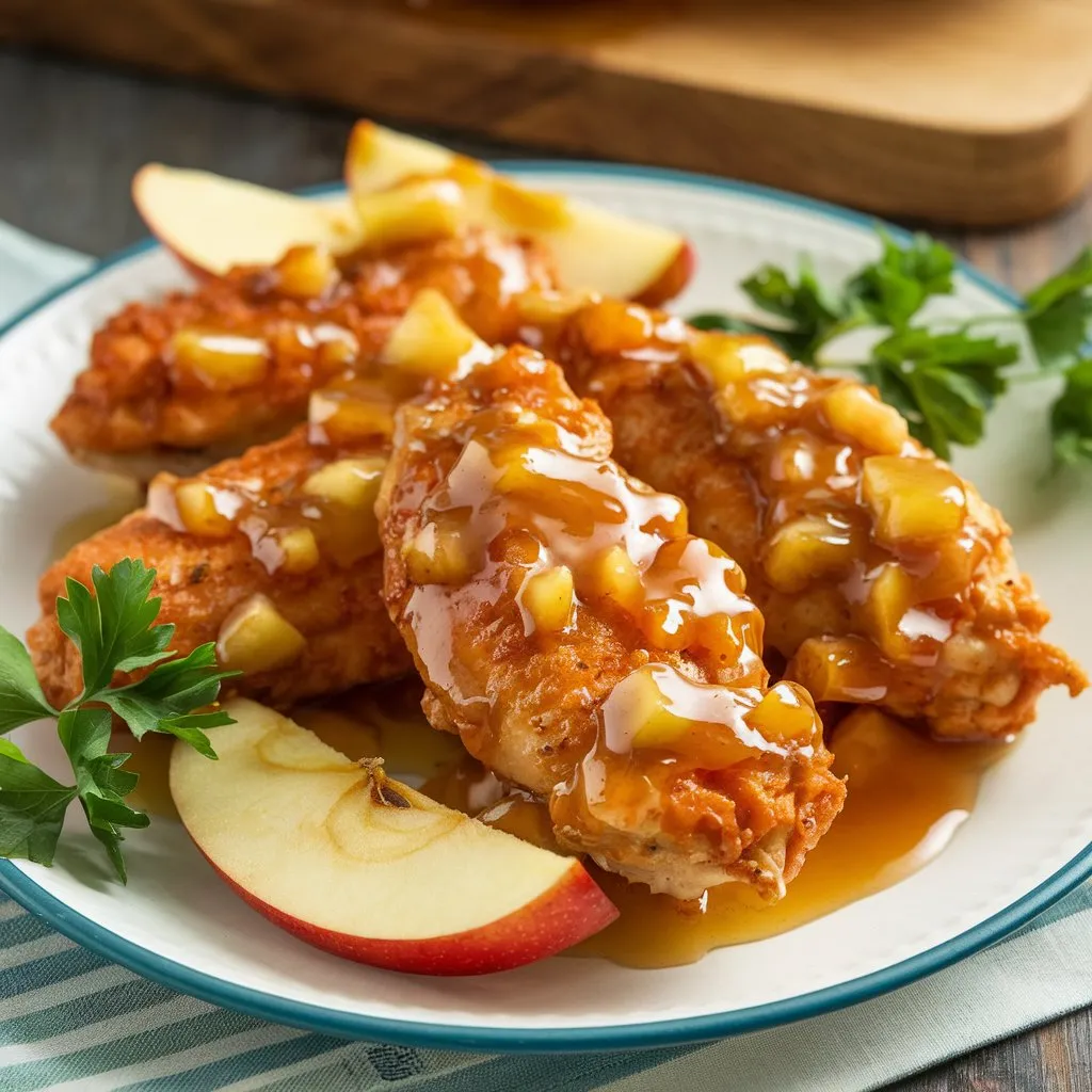 Apple and Honey-Glazed Chicken Tenders served on a white plate, coated in a sticky sweet sauce with apple slices and garnished with fresh parsley.