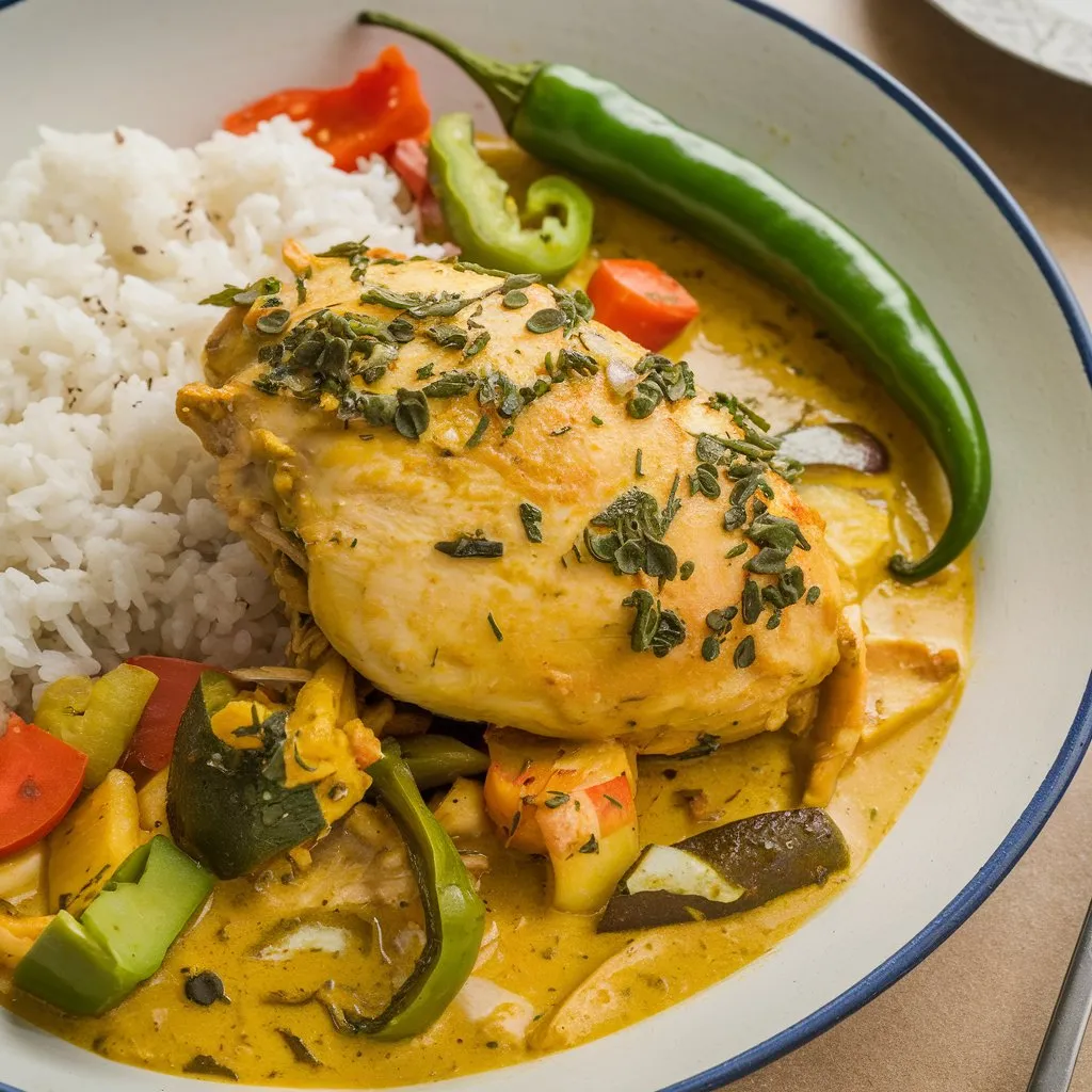 A dish of Churu Chicken Amarillo with yellow curry sauce, vegetables, and rice, garnished with a green chili.