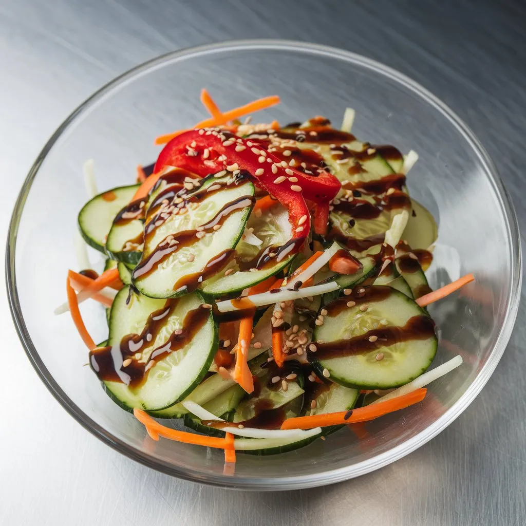 A photo of a dish of Din Tai Fung Cucumber Salad featuring thin slices of cucumber, red bell pepper, and carrots mixed with sesame seeds. The salad is drizzled with a dressing made from sesame oil, soy sauce, rice vinegar, and sugar, served in a clear bowl. The background is clean and simple.