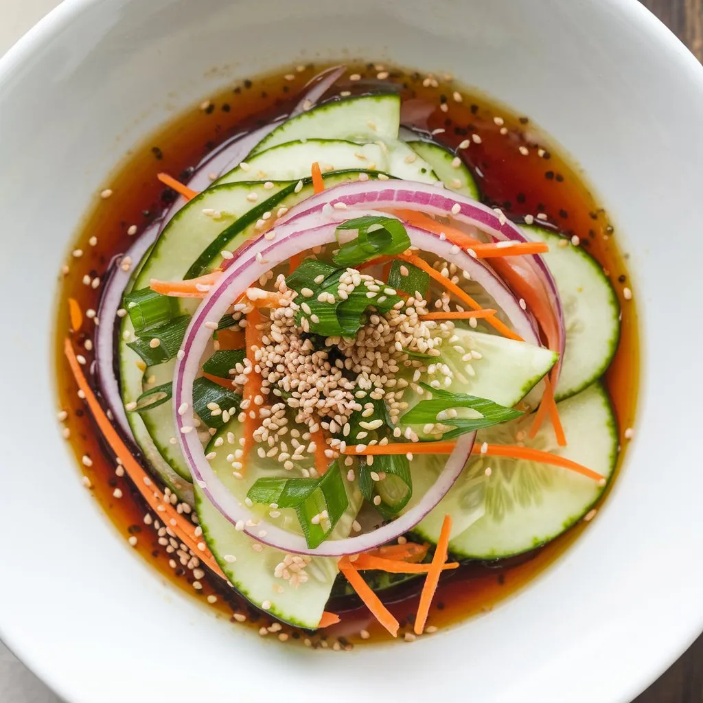 A photo of a dish of Din Tai Fung's Cucumber Salad featuring thin slices of cucumber, red onion, and carrot, mixed with sesame seeds and green onions. The salad is tossed in a dressing made of sesame oil, rice vinegar, and sugar, served in a white bowl with a sprinkle of sesame seeds on top. The background is simple and clean.