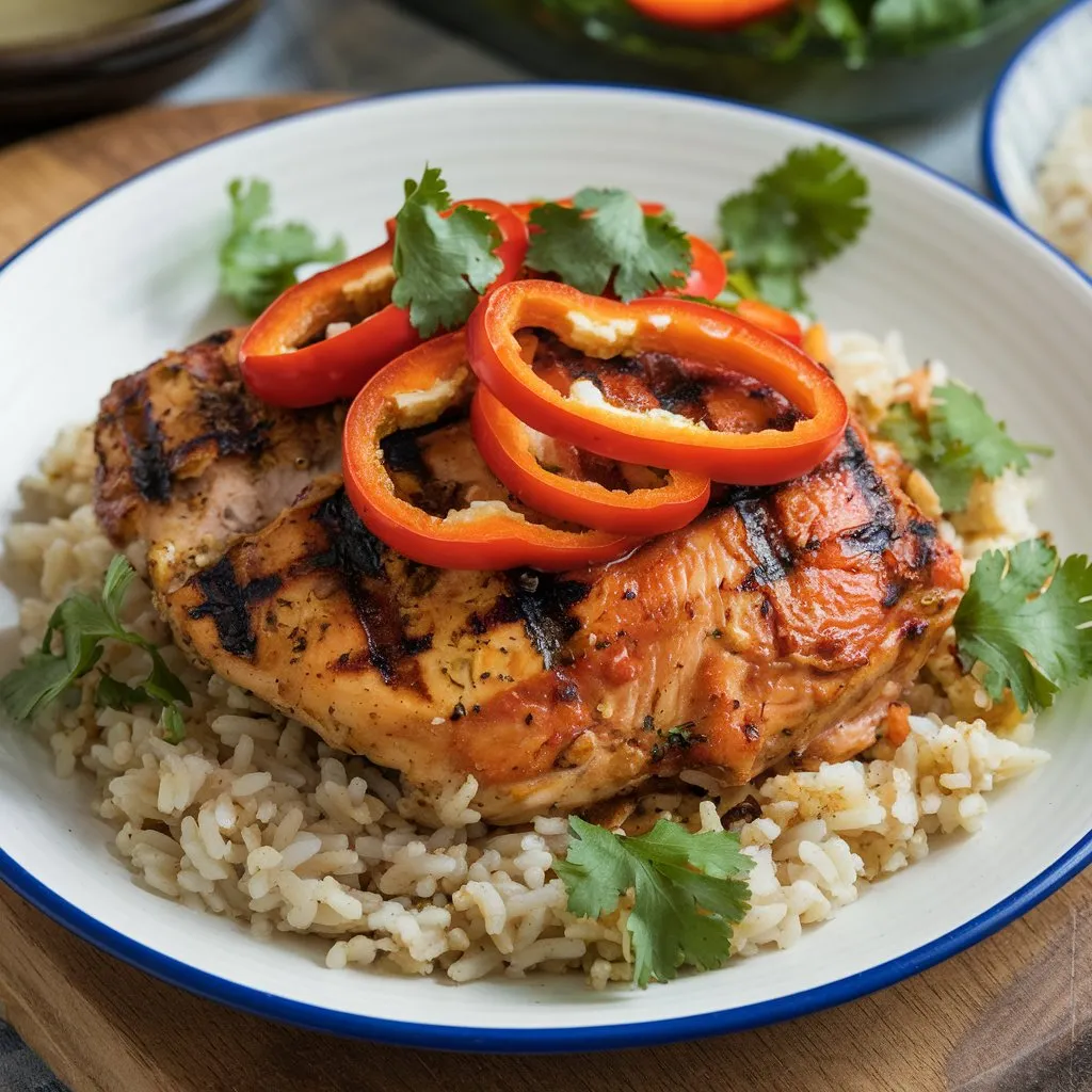 Grilled red pepper Mexican chicken served on a bed of rice, topped with sliced red peppers and fresh cilantro, on a wooden board.