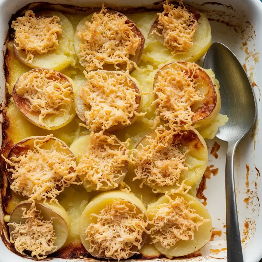 Dish of scalloped potatoes with cheese powder, golden-brown crust, creamy, savory flavor, served in a white baking dish with a serving spoon.