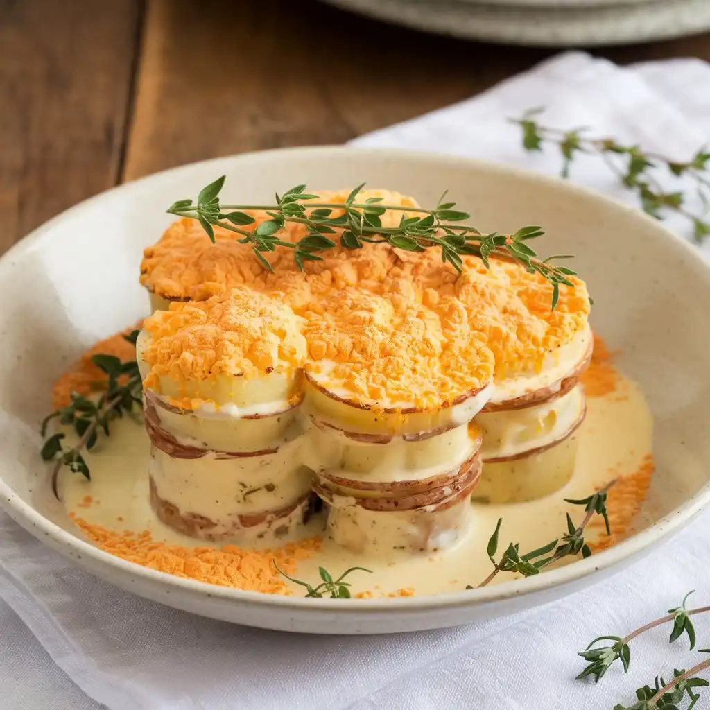 Cheesy Scalloped Potatoes Recipe with Cheese Powder, creamy sauce, and golden brown edges.