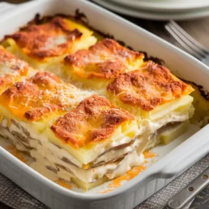 Dish of scalloped potatoes with cheese powder sprinkled on top, creamy white sauce, and golden brown baked layers, served in a white baking dish on a wooden surface.