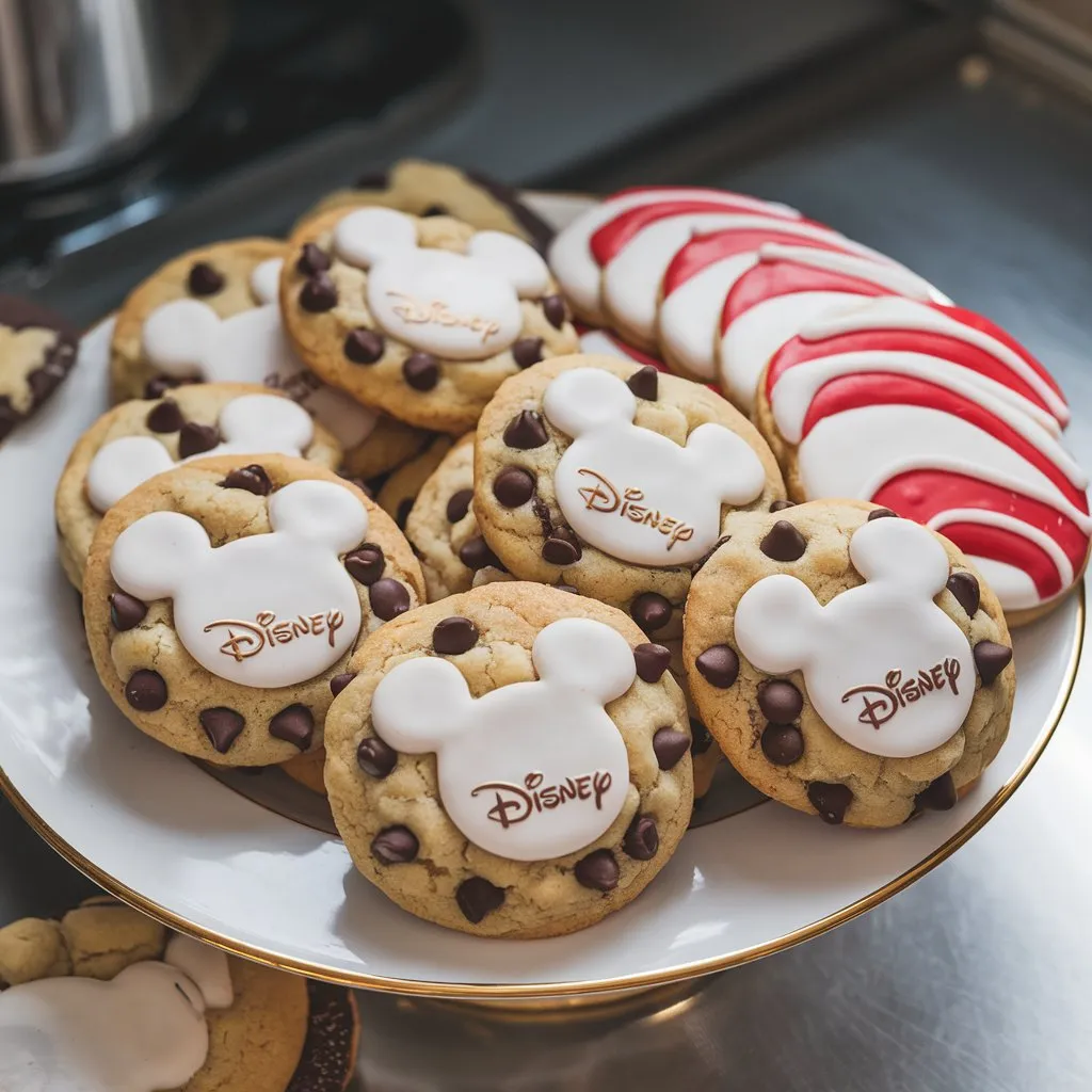 Disney-themed chocolate chip cookies with Mickey Mouse silhouettes and golden Disney seals, alongside candy cane cookies, on a white plate.