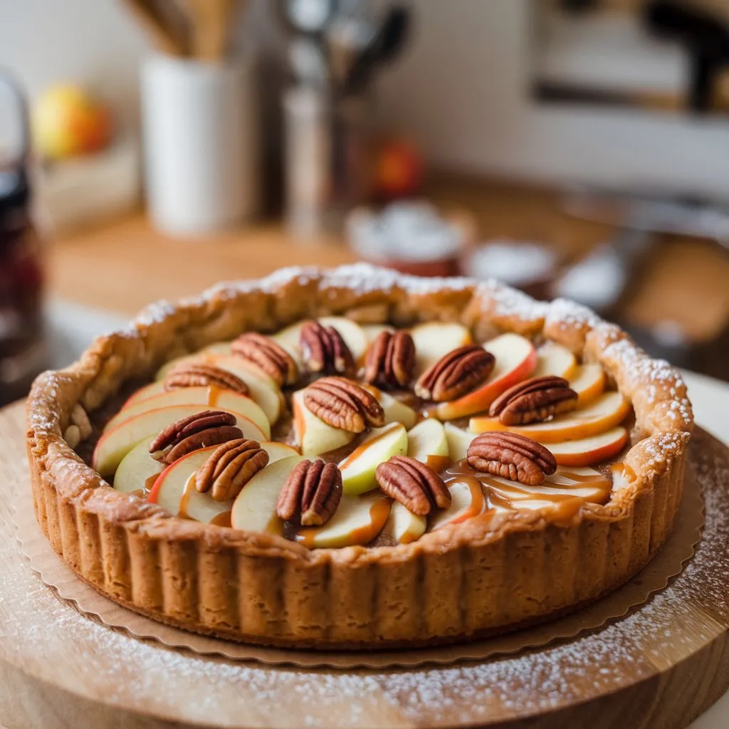 Freshly baked apple and pecan Danish pastry tart with a golden-brown flaky crust, thin apple slices in a spiral pattern, and a light dusting of powdered sugar.