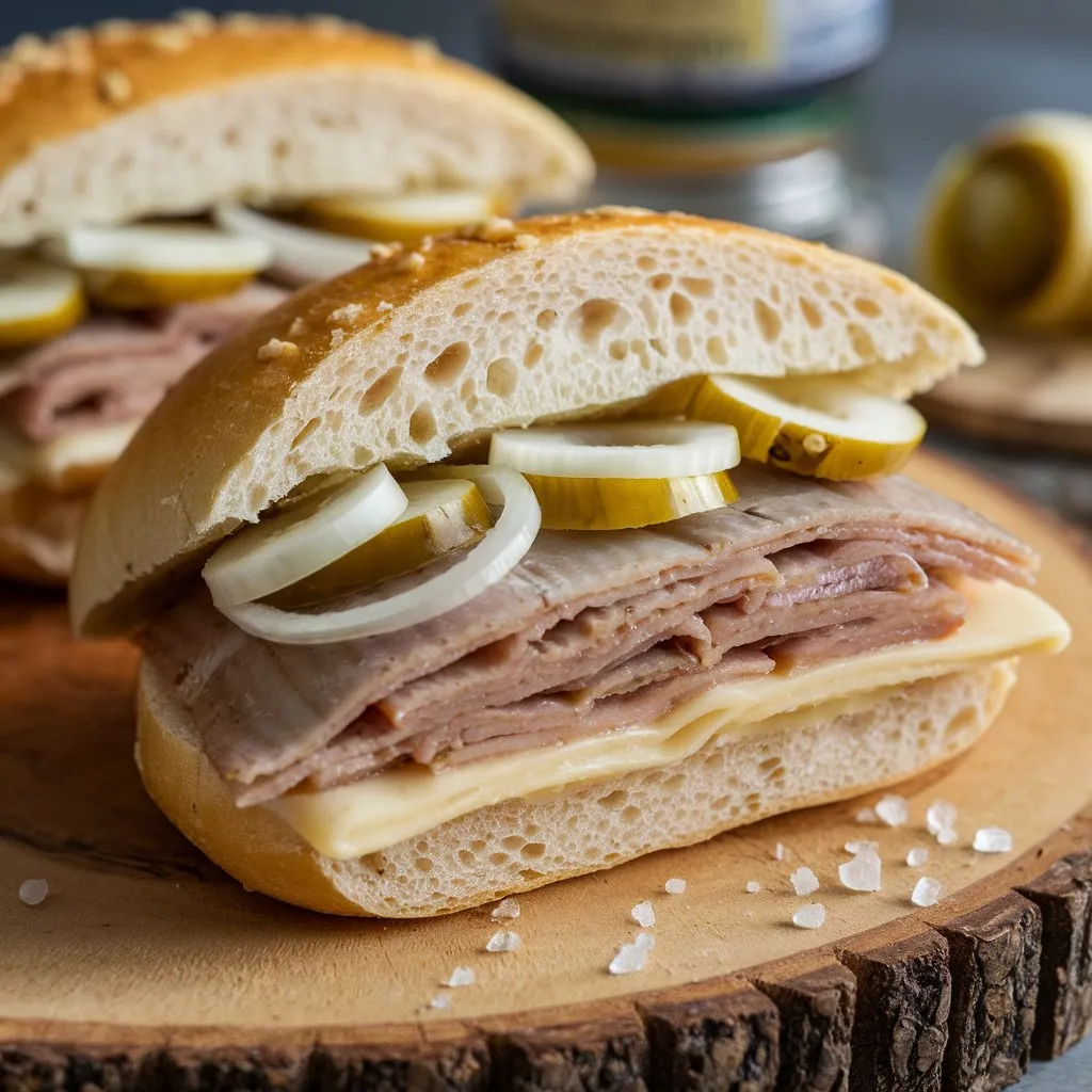 Matjesbrötchen sandwich with pickled herring, sweet gherkins, onions, and salt, placed on a wooden board.