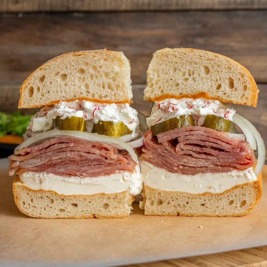 A Matjesbrötchen sandwich with marinated herring, onions, pickles, cream cheese, and horseradish, cut in half on a wooden surface.