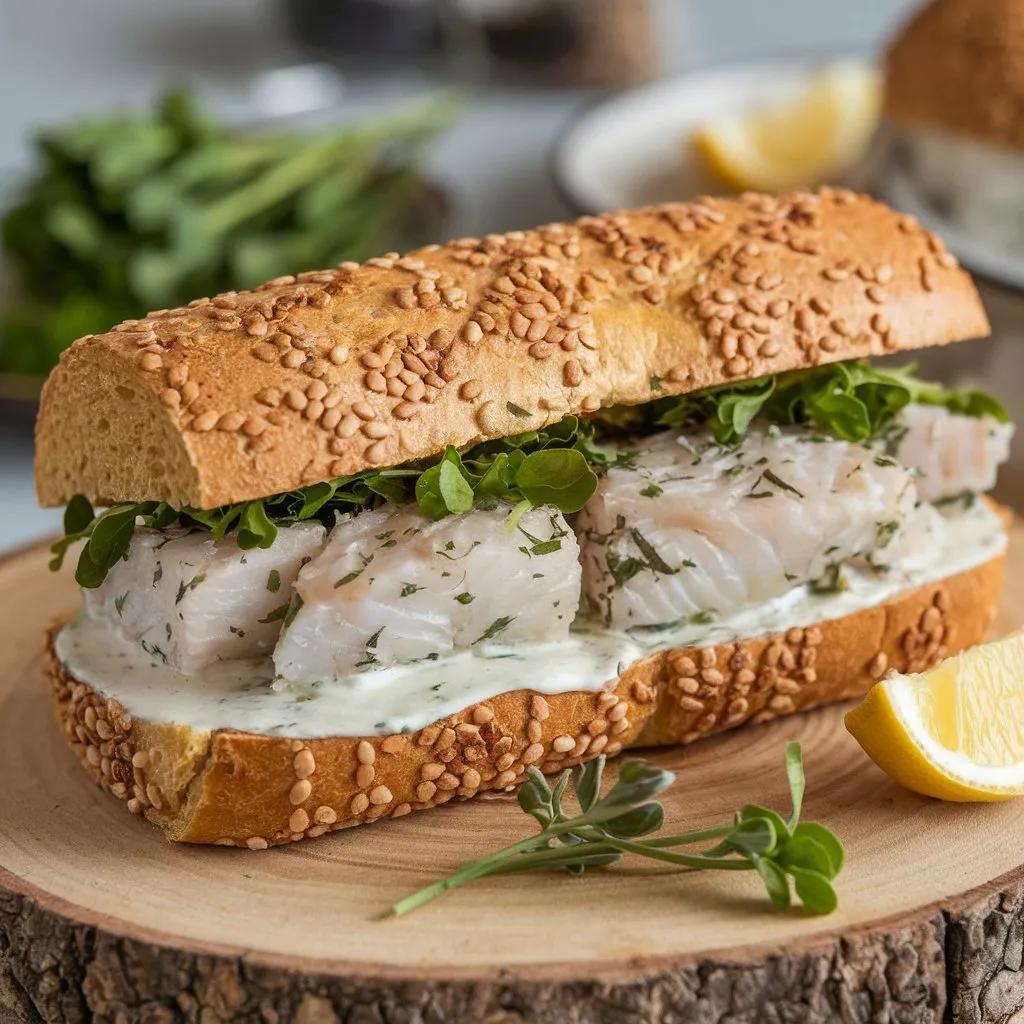 A full Matjesbrötchen sandwich with fish on a wooden board, garnished with fresh herbs and a lemon wedge.