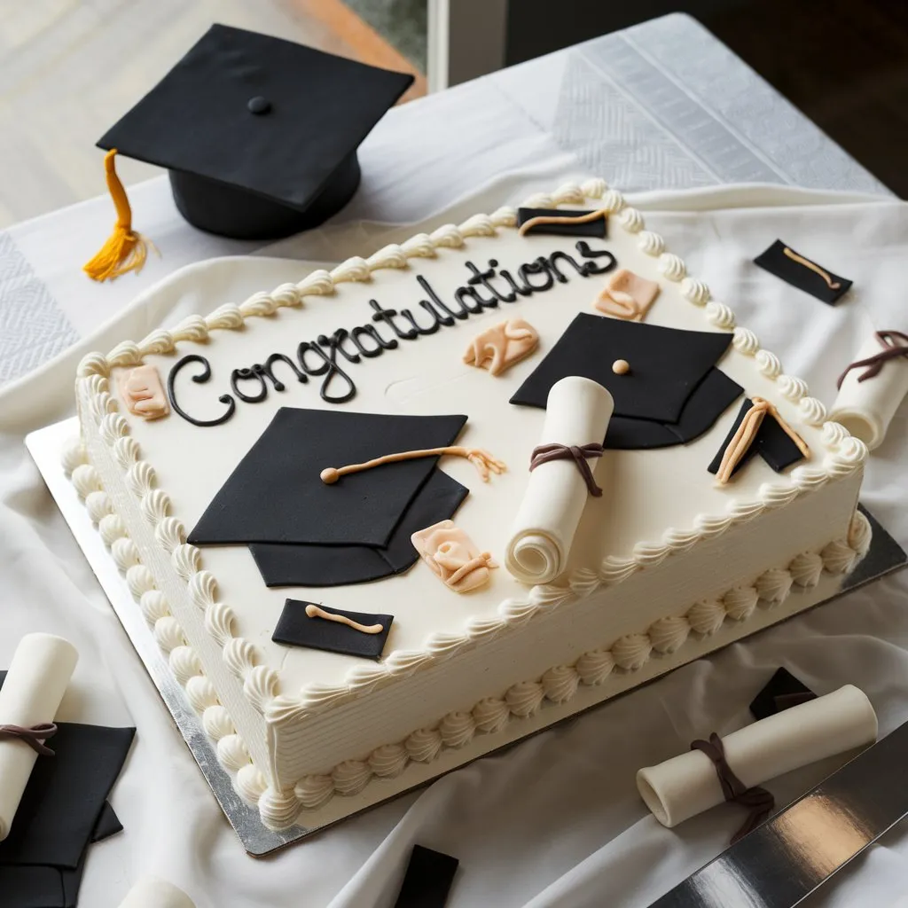 A full sheet graduation cake decorated with vibrant school colors and displayed at a graduation celebration.