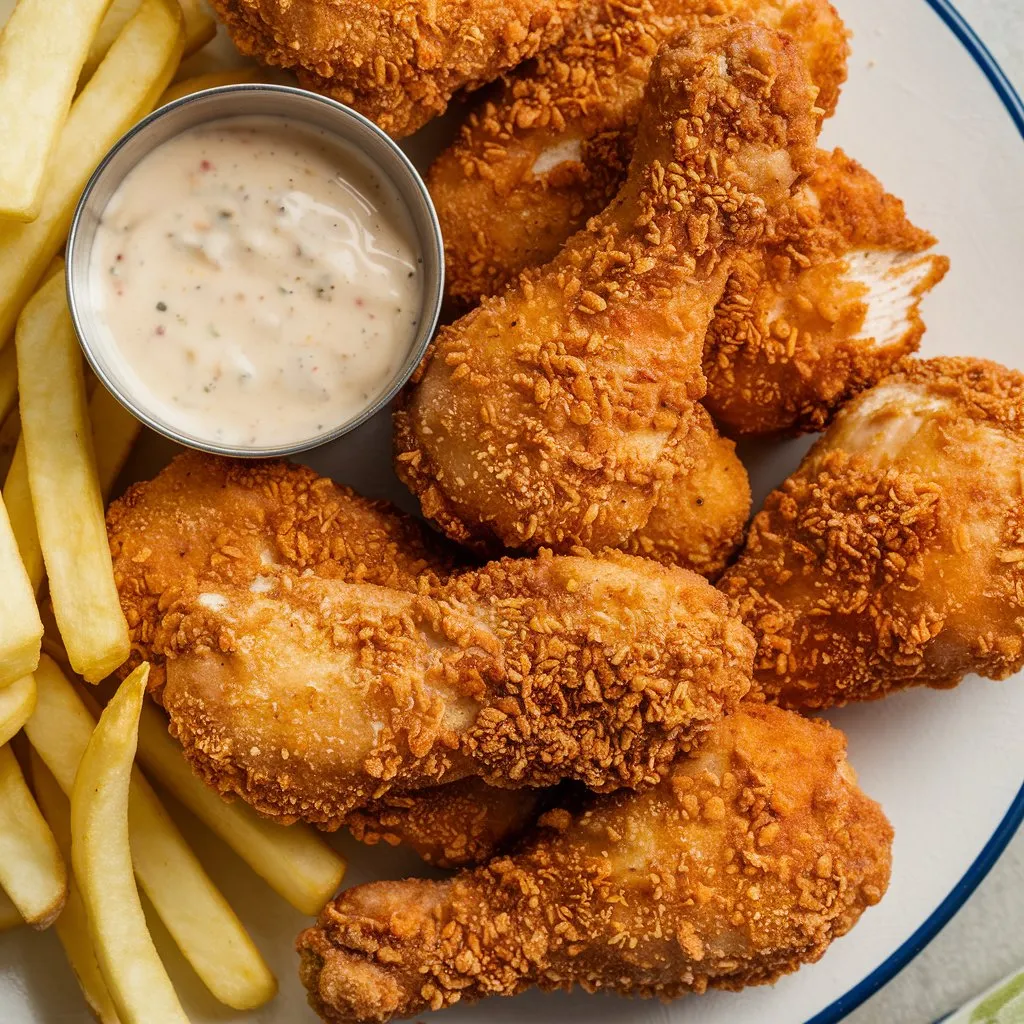 Golden-brown coated Galena chicken pieces served on a plate with fries and dipping sauce.