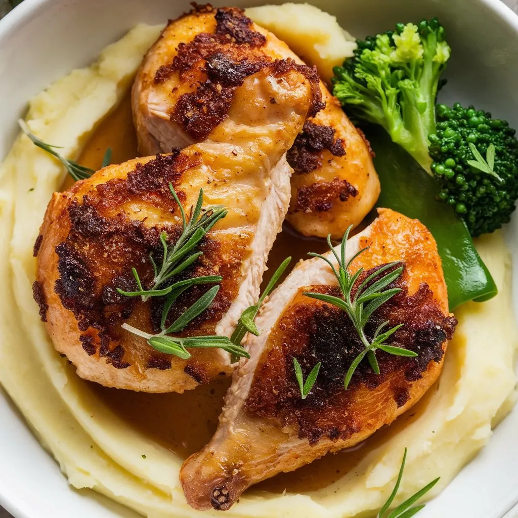 Crispy Galena chicken pieces served on a bed of smooth, creamy mashed potatoes with a side of green vegetables and fresh herbs.