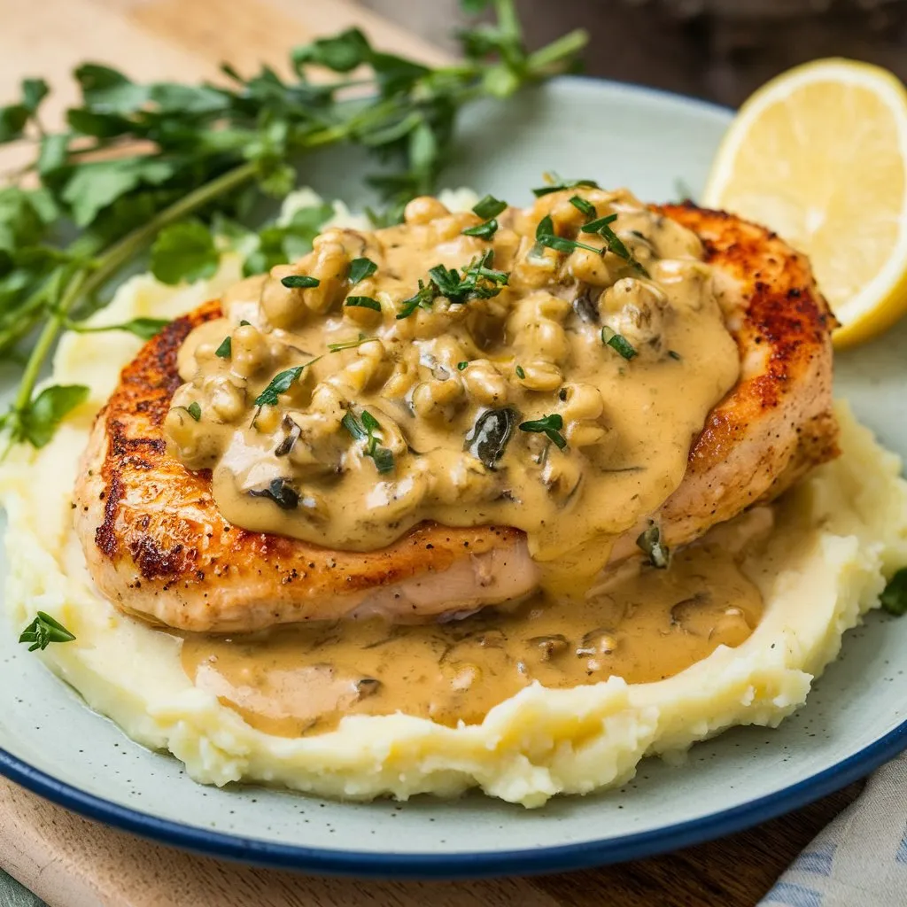 Pan-seared Galena chicken breast topped with creamy Galena sauce, served over mashed potatoes, garnished with fresh herbs and a lemon wedge, on a wooden