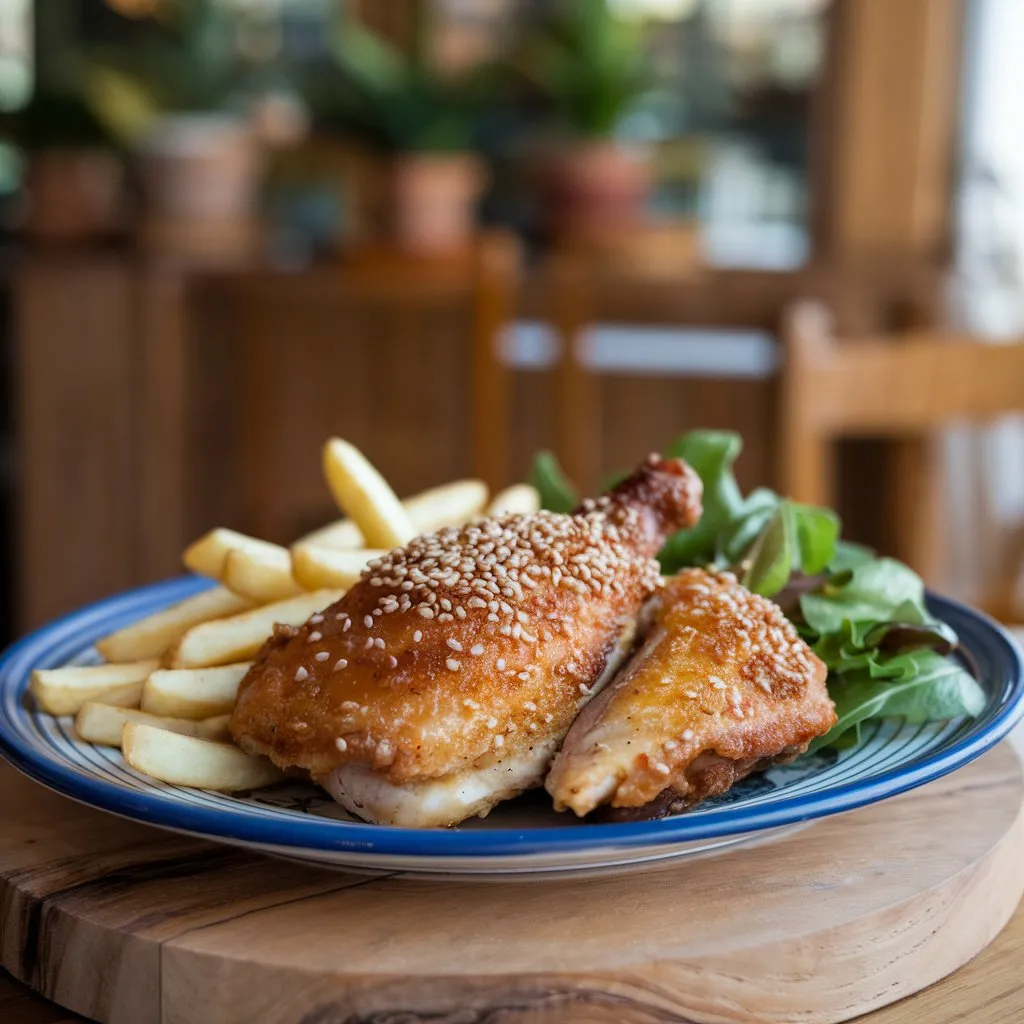 Golden brown and crispy Galena chicken served with French fries, green salad, and a sprinkle of sesame seeds, on a wooden plate with a blurred dining area in the background.