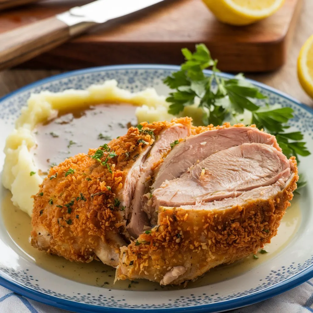 Crispy Galena chicken cutlet sliced open to reveal tender, juicy meat, served with mashed potatoes and gravy, garnished with parsley.