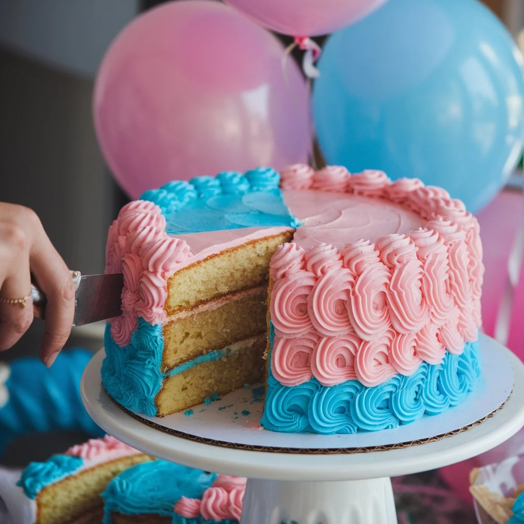 A gender reveal cake with pink and blue icing being cut, surrounded by pink and blue balloons at a party setting.