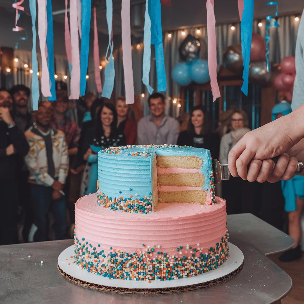 A two-layered gender reveal cake with a pink bottom layer and a blue top layer, about to be sliced. A person is cutting the cake while a crowd of people watches in the background. The room is decorated with streamers and balloons.