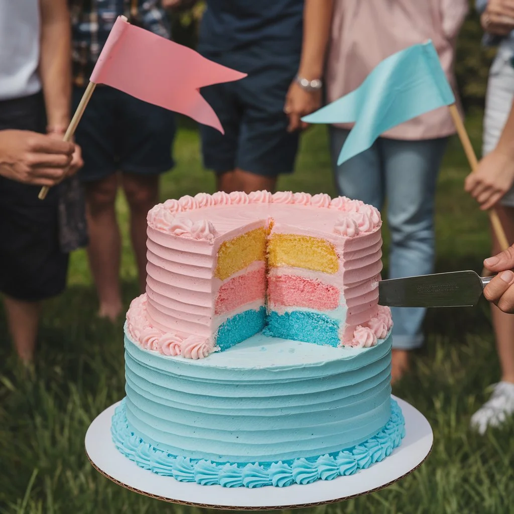 A gender reveal cake with a pink top layer and a blue bottom layer. A small crowd in the background holds pink and blue flags in a lush green field.