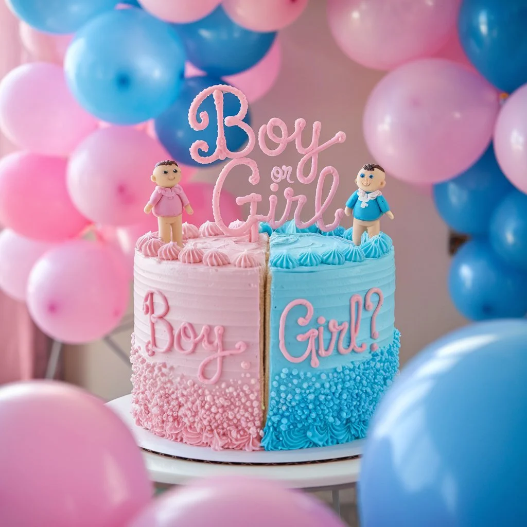 A gender reveal cake with "Boy or Girl?" written in pink and blue icing, pink and blue layers, and a baby figure on top, surrounded by balloons.