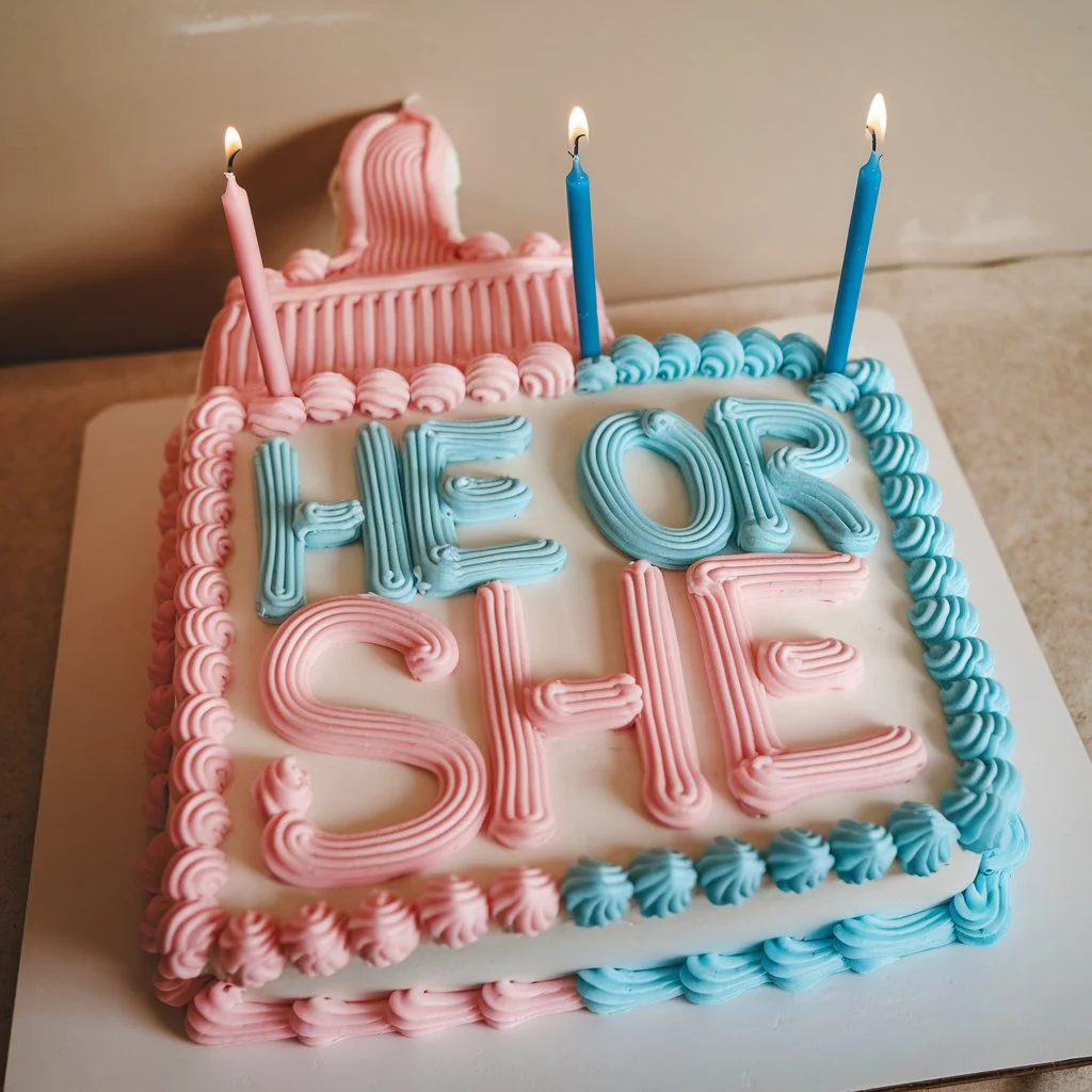  A gender reveal cake shaped like a baby bottle with "He or She" written in pink and blue icing. Pink and blue candles sit on top, with a beige wall in the background.