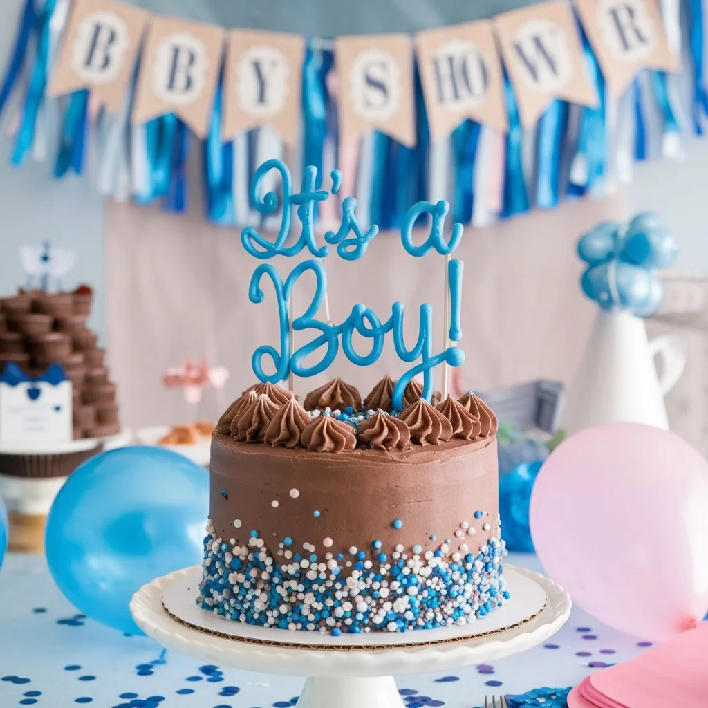 A gender reveal cake featuring "It's a Boy!" written in blue icing on a chocolate cake, surrounded by blue and pink confetti and balloons. The background shows a party setting with a "Baby Shower" banner.