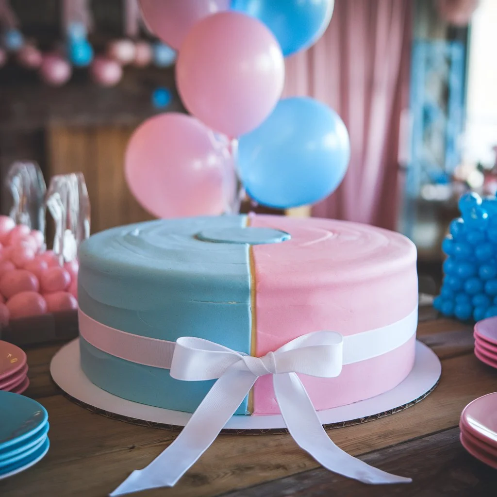 A gender reveal party with a round cake featuring blue and pink layers and a white ribbon tied on top. Pink and blue balloons decorate the rustic-themed room.