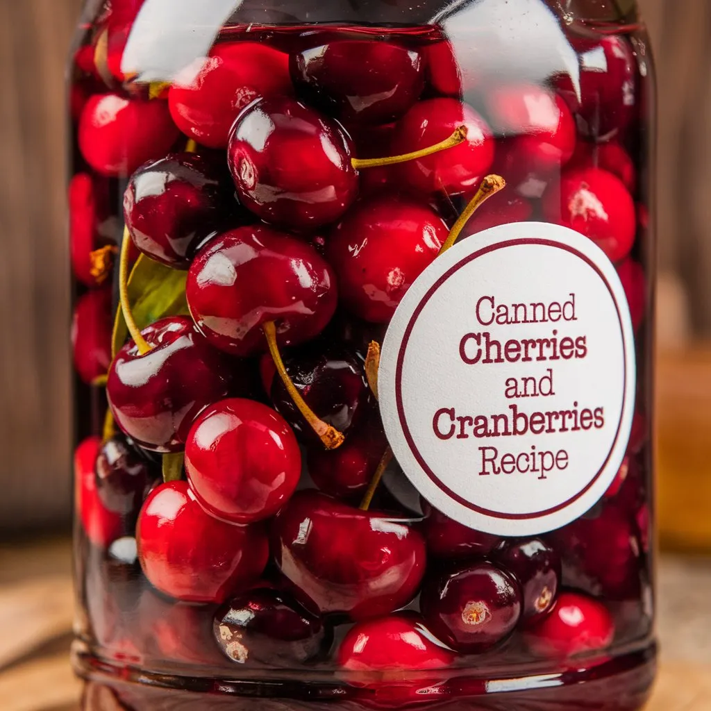 A photo of a glass bottle filled with bright red canned cherries and dark red cranberries. The bottle has a label with the text "Canned Cherries and Cranberries Recipe". The background is a rustic wooden surface.