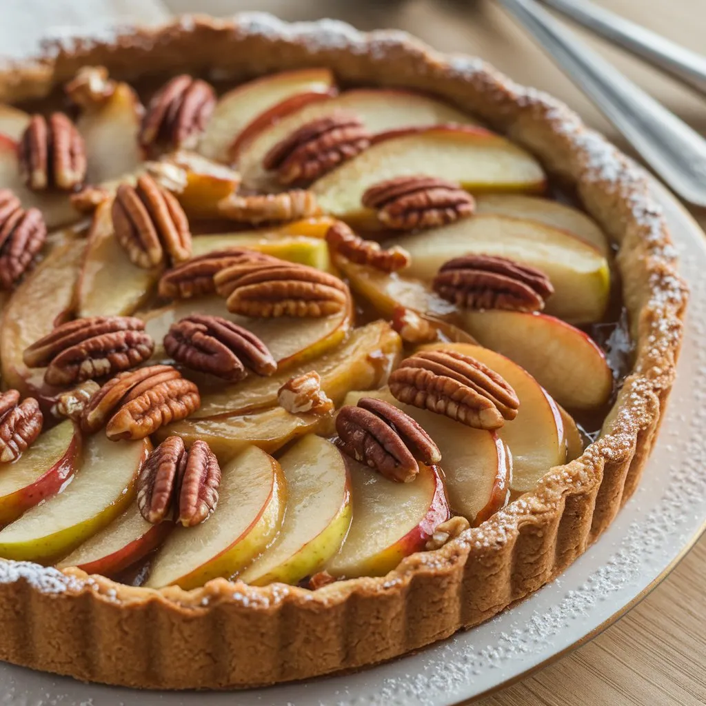 Golden-brown apple and pecan Danish pastry tart with a lattice crust, thinly sliced apples, and caramelized pecans, garnished with powdered sugar.