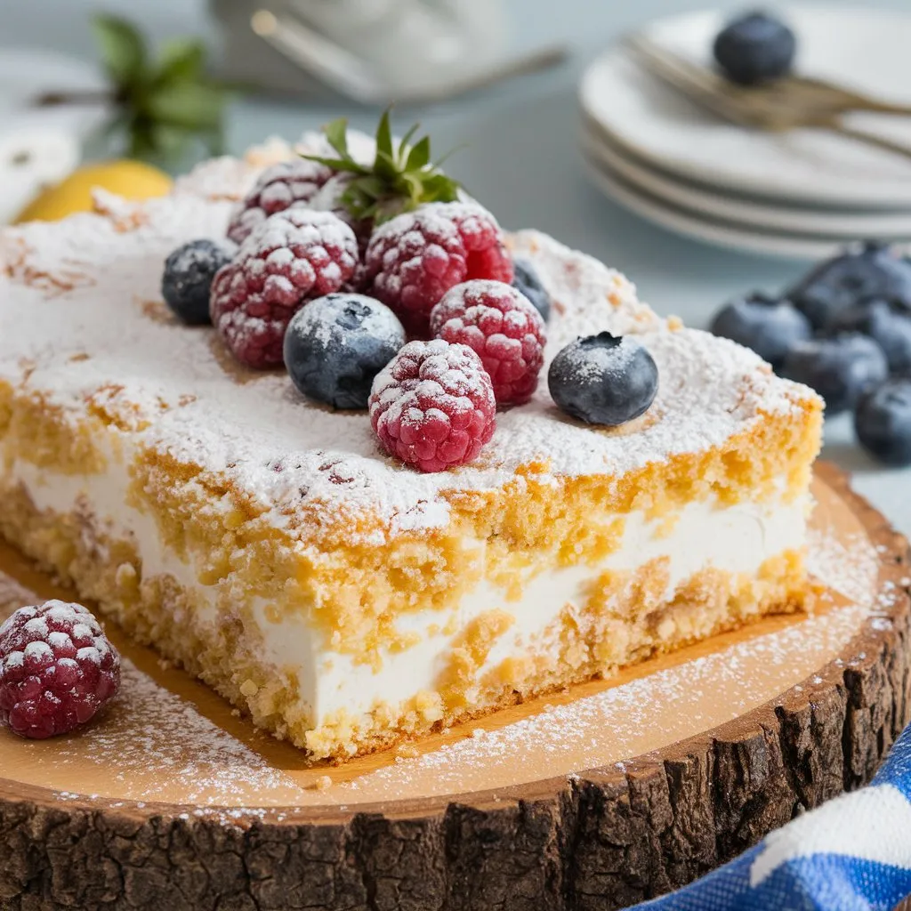 Golden-brown kefir sheet cake with a crumbly texture, powdered sugar, fresh berries, and cake decorations on a wooden board.