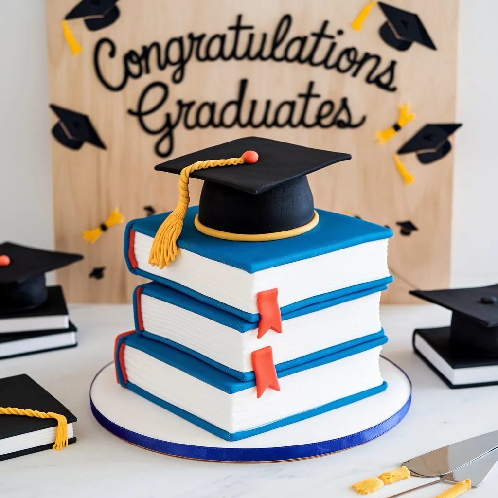 A multi-layered book-shaped graduation cake with a cap on top, surrounded by small graduation hats and books, on a wooden board with "Congratulations Graduates" text.