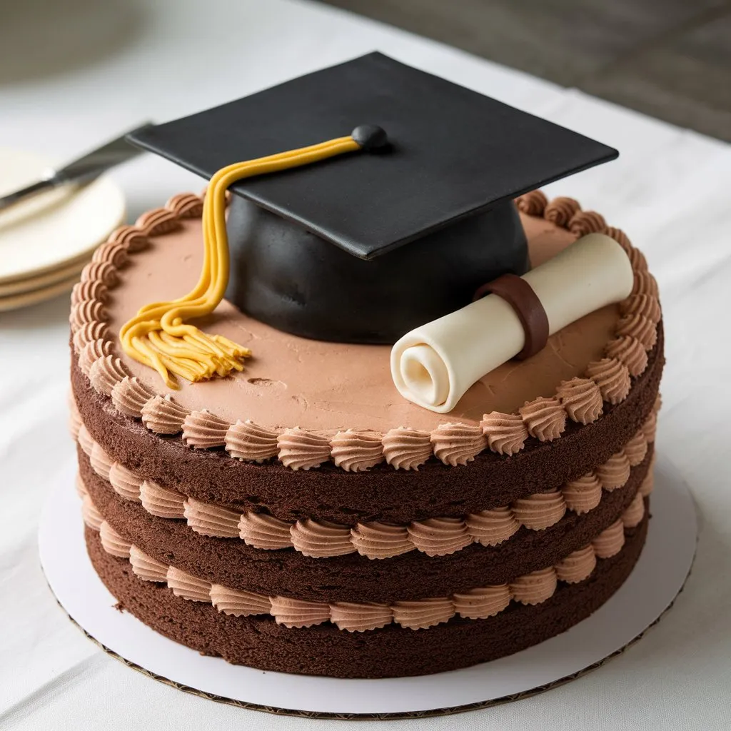 Graduation cap cake with chocolate layers, fondant cap, tassels, and diploma on a white tablecloth.