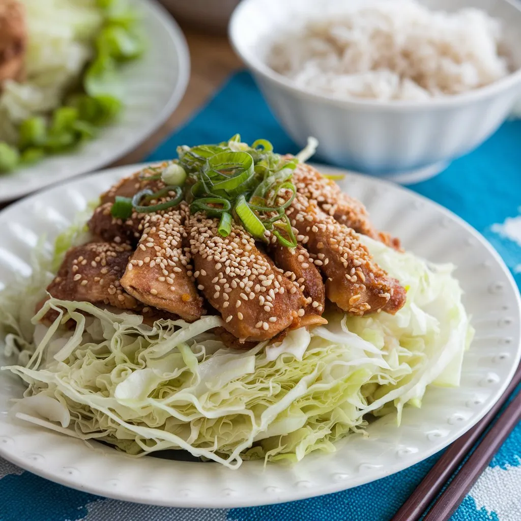 Hmong cabbage and chicken dish on a white plate, topped with toasted sesame seeds and green onions, served with a side of rice in a white bowl. The background features a blue tablecloth.