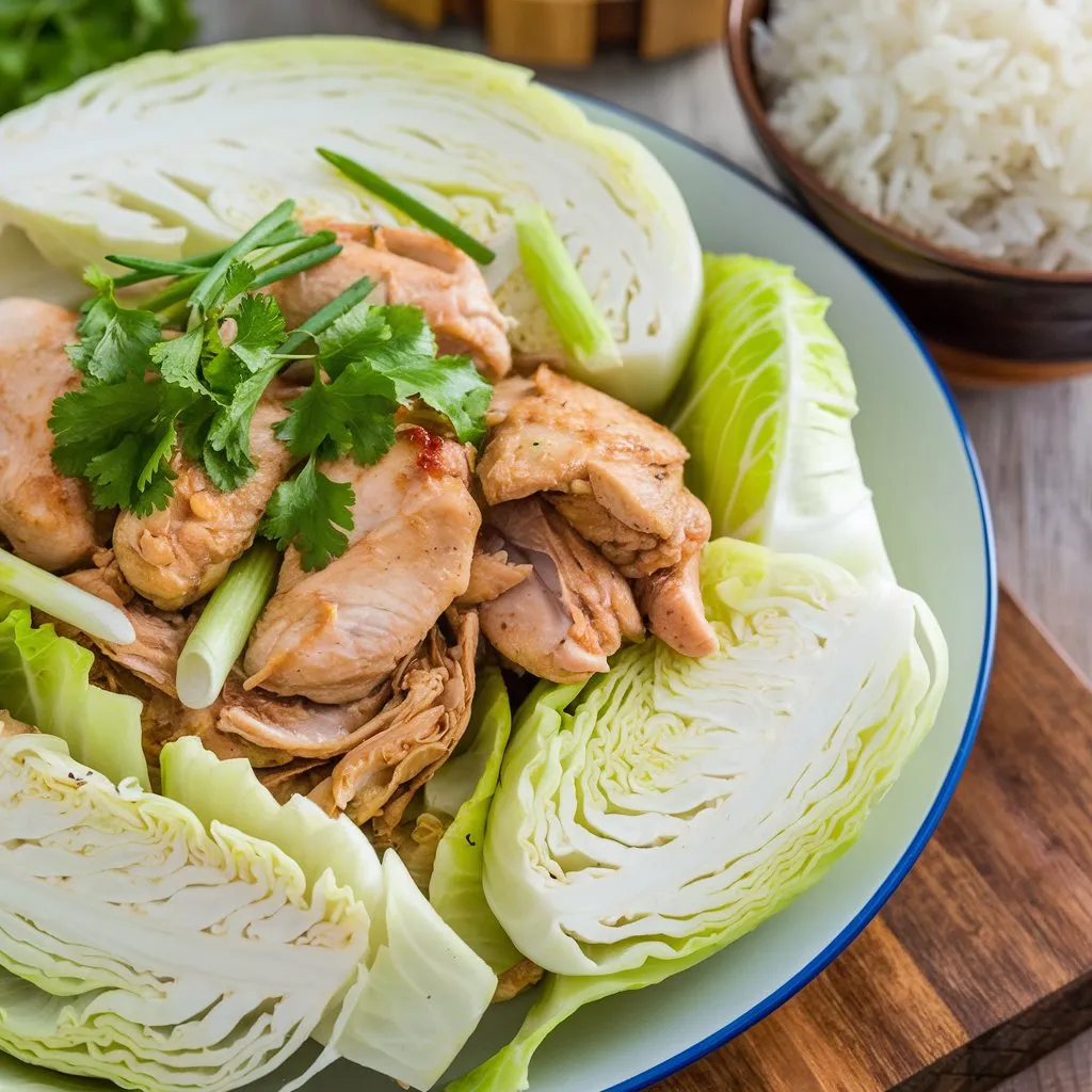 Hmong cabbage and chicken dish featuring tender chicken pieces and large slices of cabbage stir-fried together, garnished with green onions and cilantro. A side of steaming rice is placed beside the dish, on a wooden board.