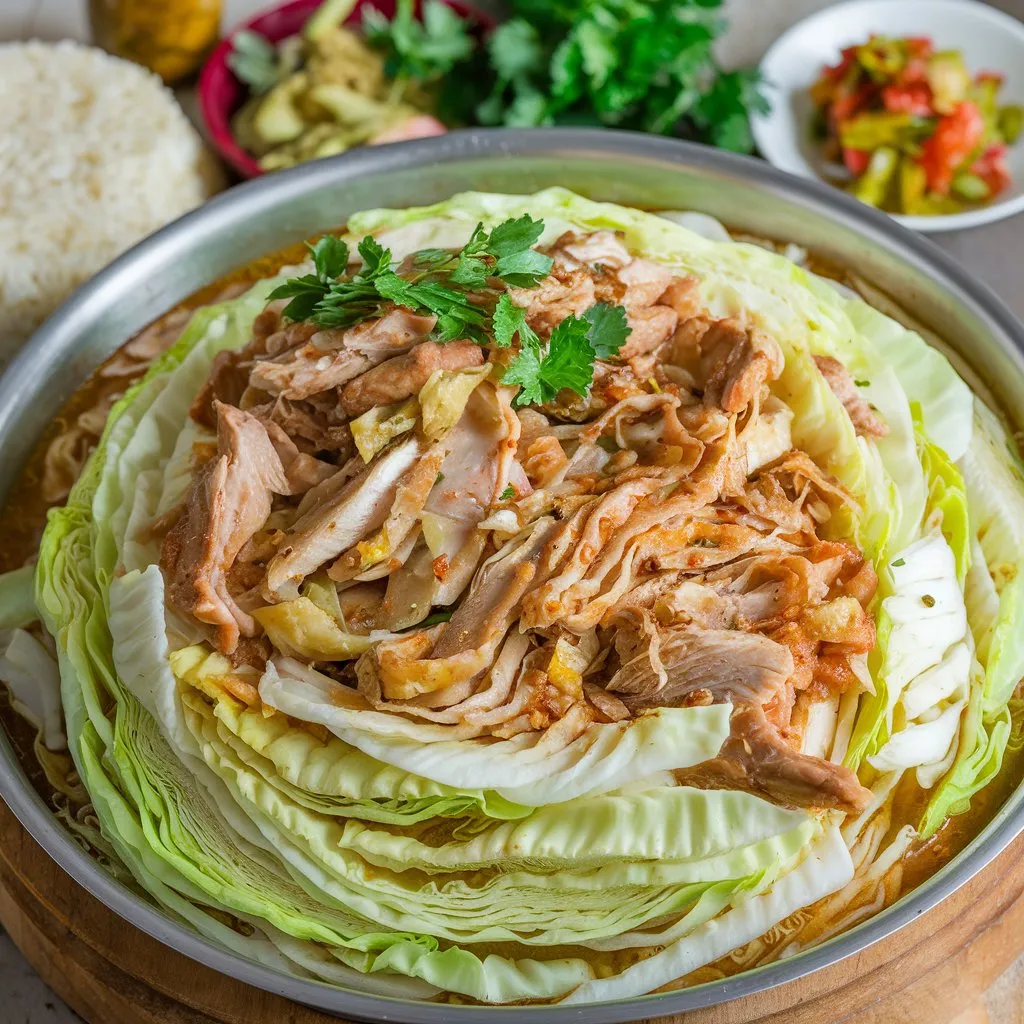 A photo of a Hmong cabbage and chicken recipe featuring thinly sliced cabbage and chicken cooked in savory broth, garnished with fresh herbs. Side dishes include rice and pickled vegetable relish, all presented on a wooden board.