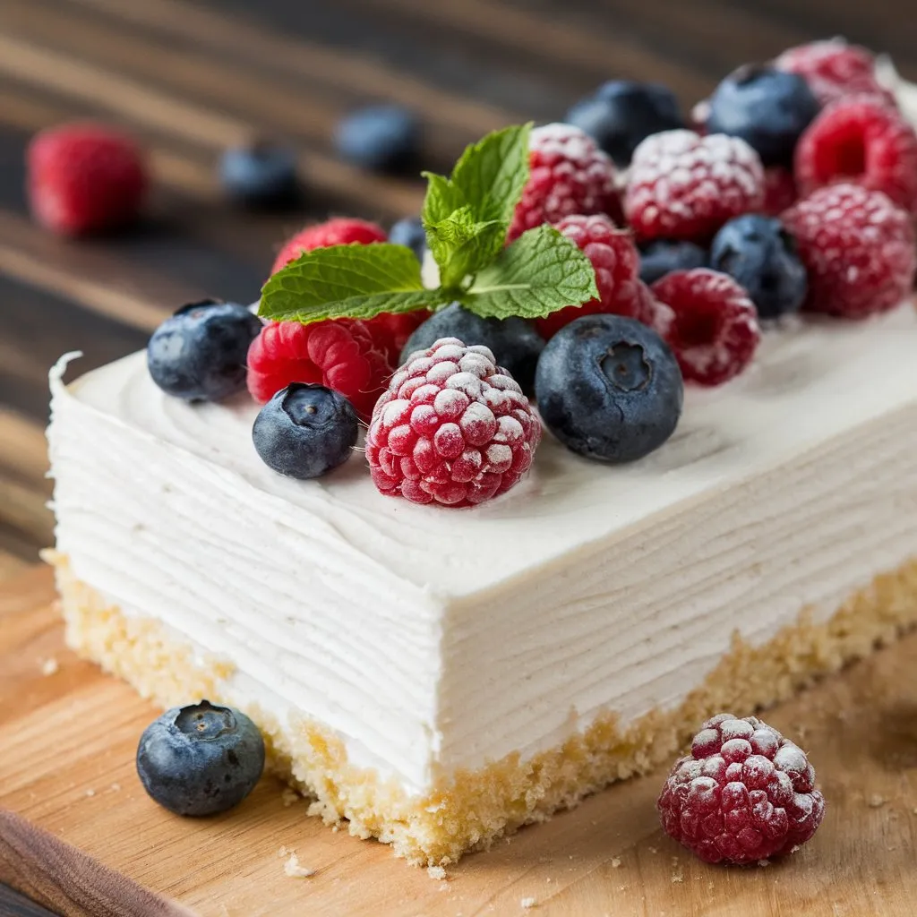 A kefir sheet cake with a light golden color, thin icing, fresh berries, and a sprig of mint on a wooden board, with scattered berries.