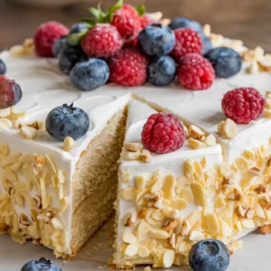 A photo of a kefir sheet cake with creamy frosting, fresh berries, and sprinkled nuts.