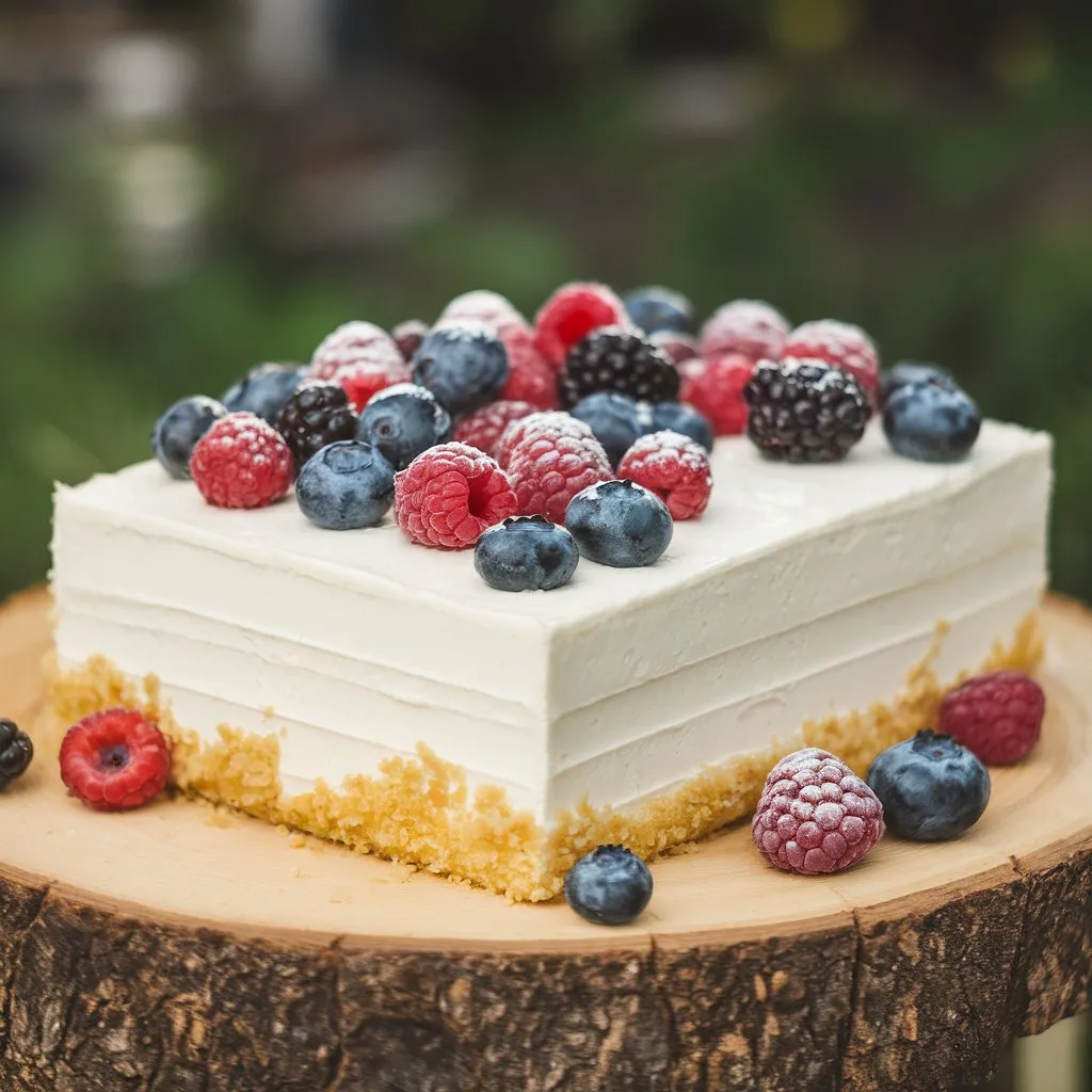 Kefir sheet cake with a light golden-brown top, fresh berries scattered on top, placed on a wooden board with a blurred greenery background.