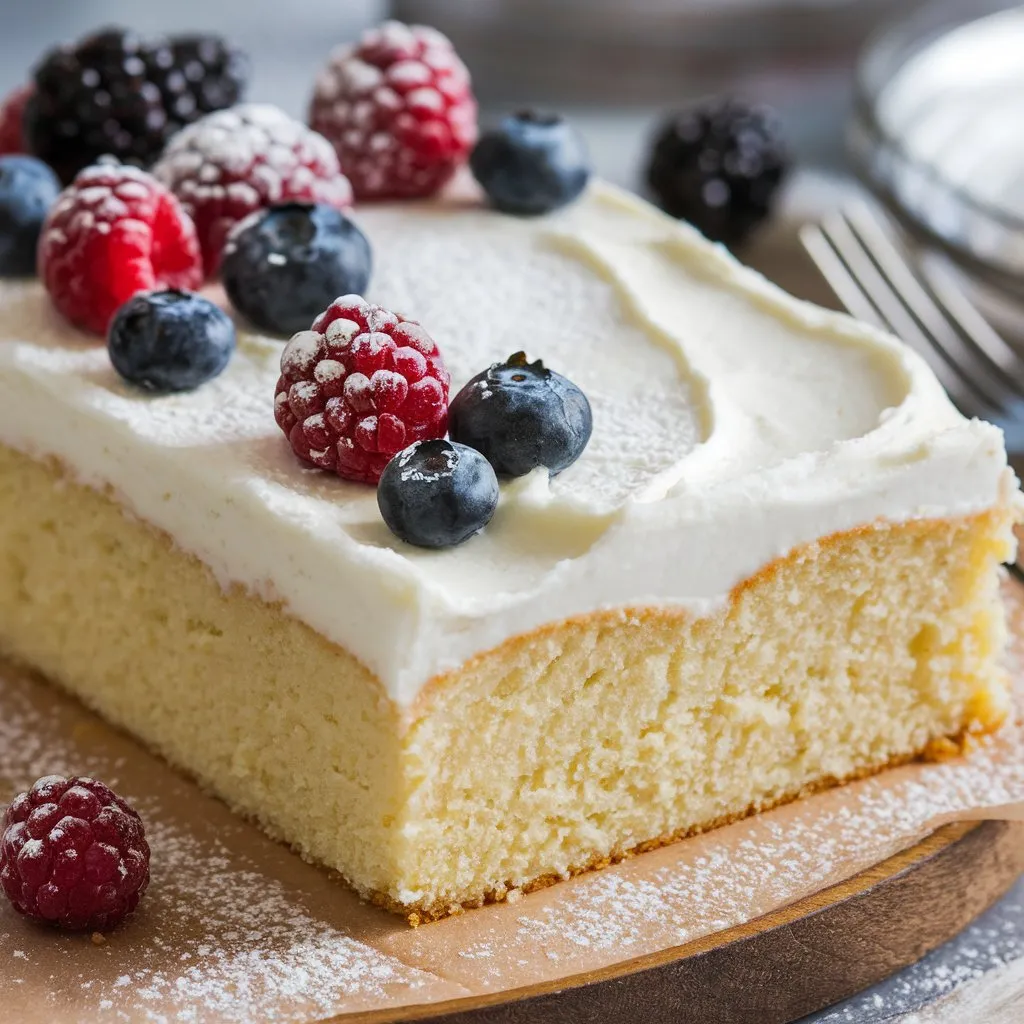 A photo of a kefir sheet cake with creamy frosting, fresh berries, powdered sugar, and a fork on a wooden board.