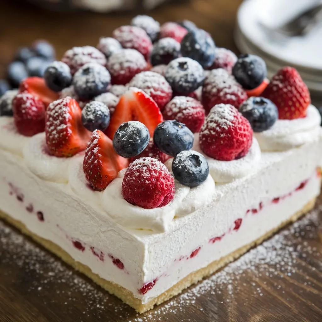 Golden-brown kefir sheet cake with a crumbly texture, powdered sugar, fresh berries, and cake decorations on a wooden board.