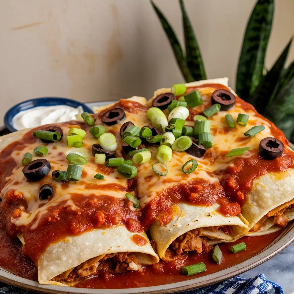 A large, golden-brown Boulders Enchilada cut into squares, covered in red sauce, melted cheese, black olives, and green onions, served with sour cream.