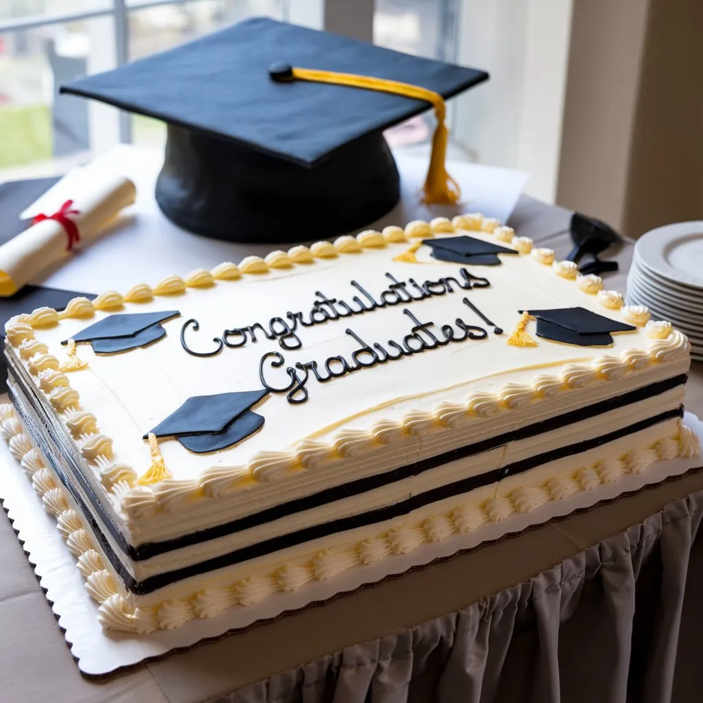 A full sheet graduation cake with smooth buttercream frosting and vibrant school-themed decorations.