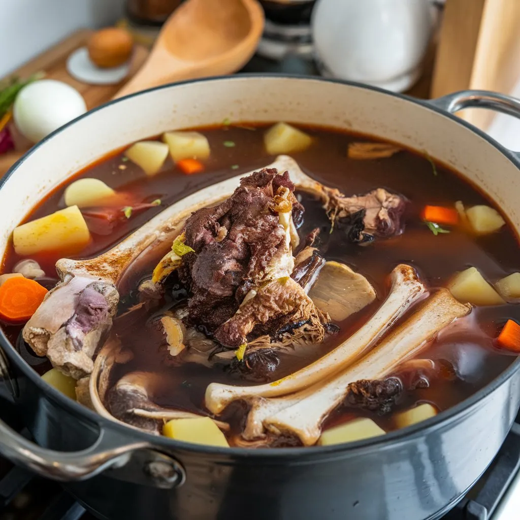 Large pot of rich soup made from meaty bones, featuring vegetables like carrots, potatoes, and onions.