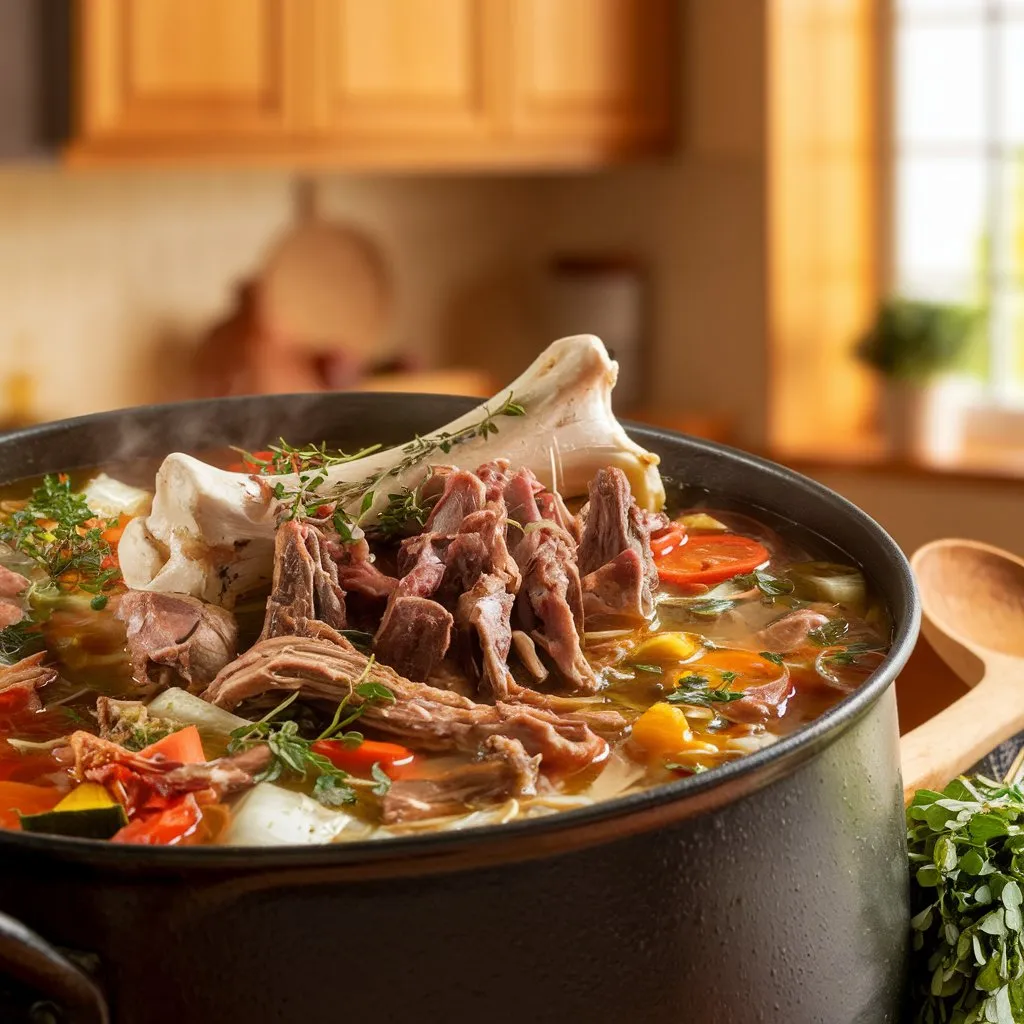 Large pot of soup with meaty bones, vegetables, and herbs. Tender meat is falling off the bones.