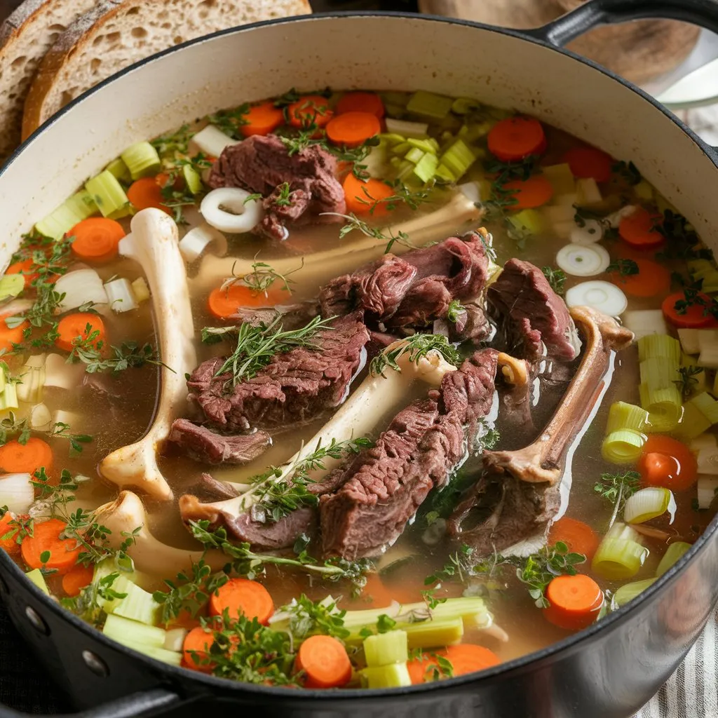 Large pot of delicious bone broth soup with beef bones, carrots, celery, onions, and herbs. Served with crusty bread.